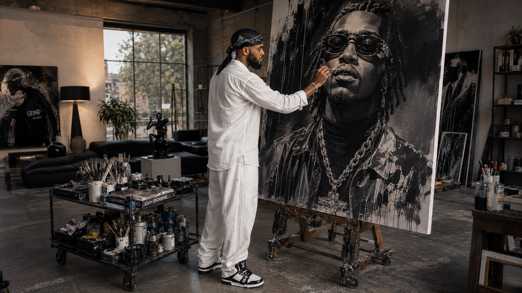 Shane Master working on a portrait in his studio